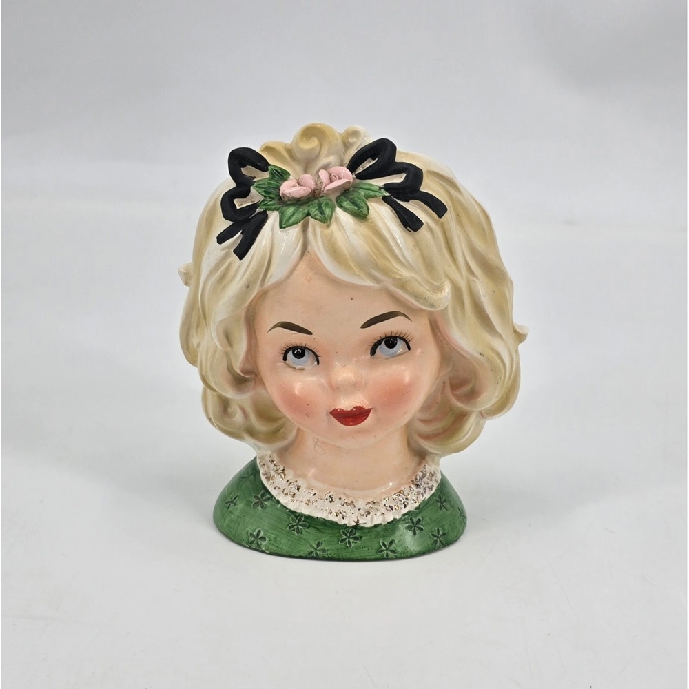 Rare Vintage Nippon Yoko Boeki Japan Lady Head Vase Blonde Girl Floral Bow 6"